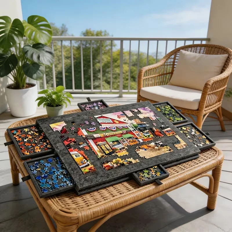 6-Drawer 1500pcs Jigsaw Puzzle Table, Felt Board with 6pcs Drawers, Tilting 2-in-1 Stand & Cover, Lightweight Portable for Gift