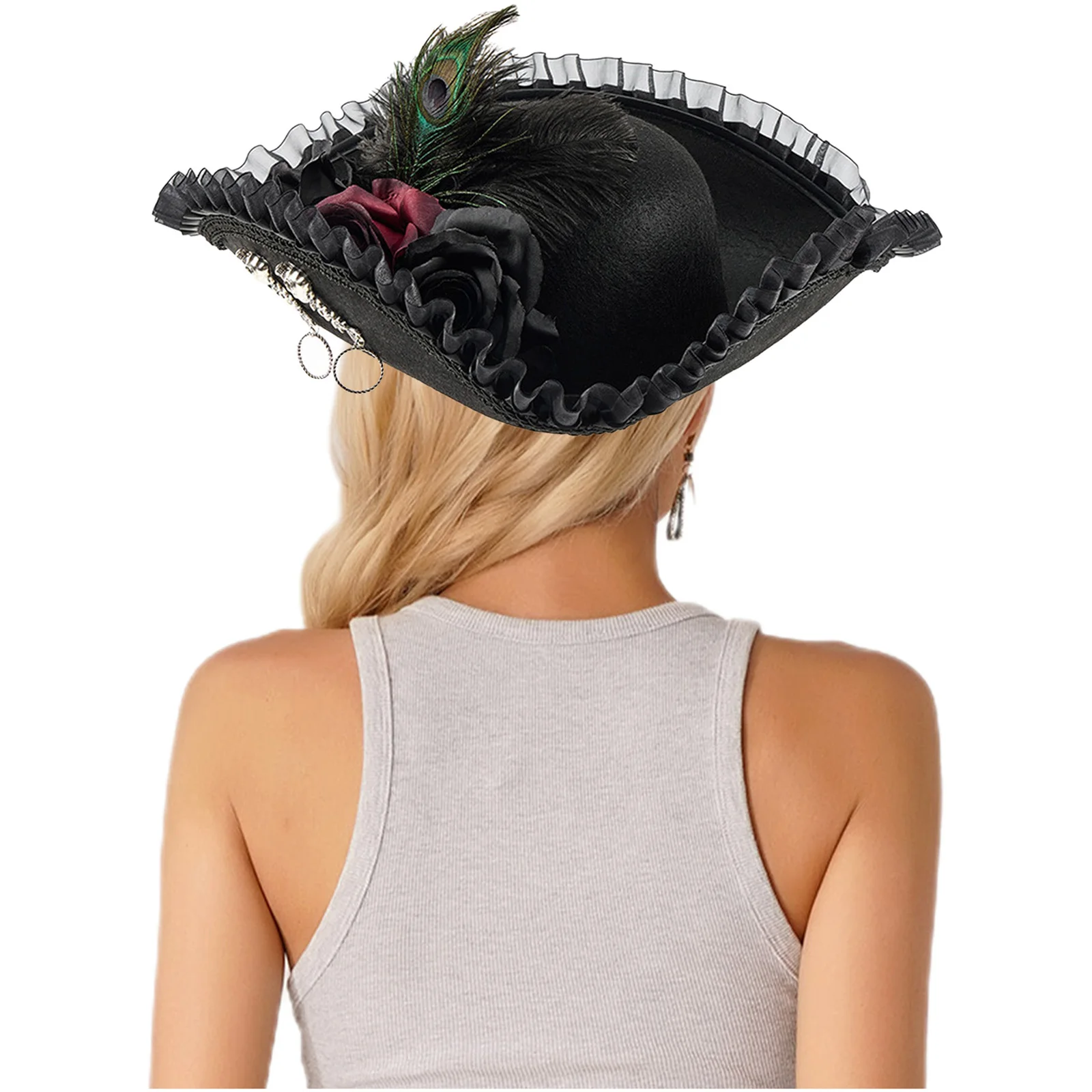 1Pc Tricorn Pirate Hat Buccaneers Cap or Headwear Clip with Lace Trim Costume Accessory For Festival Party Role Play Props