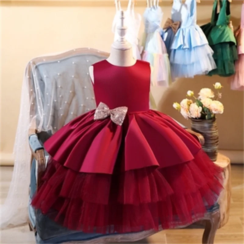 Vestidos vermelhos de Natal para crianças, arco sem costas, roupas de princesa ano novo, festa de aniversário infantil, traje de gala formal, tutu