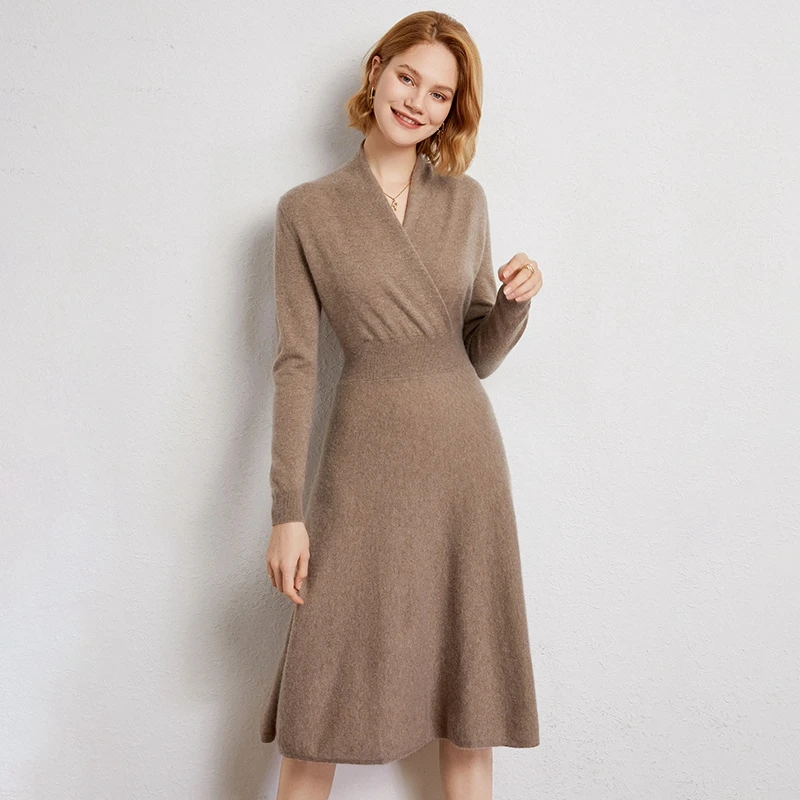 

Autumn And Winter Cashmere Skirt Women's Cross V-neck Waist Dress Wool Long Sweater Skirt Slim Knit Skirt
