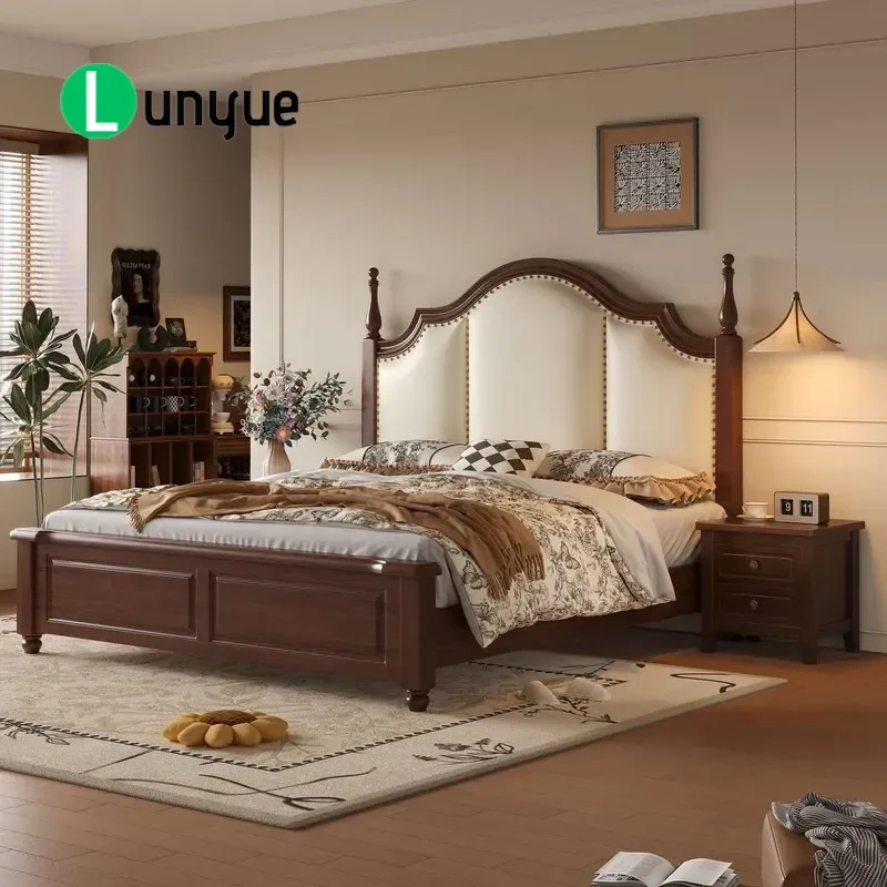 Medieval Solid Wood Bed American Style Upholstered French Flannel Double Bed 1.8m 2m Large Master Bedroom Storage Furniture