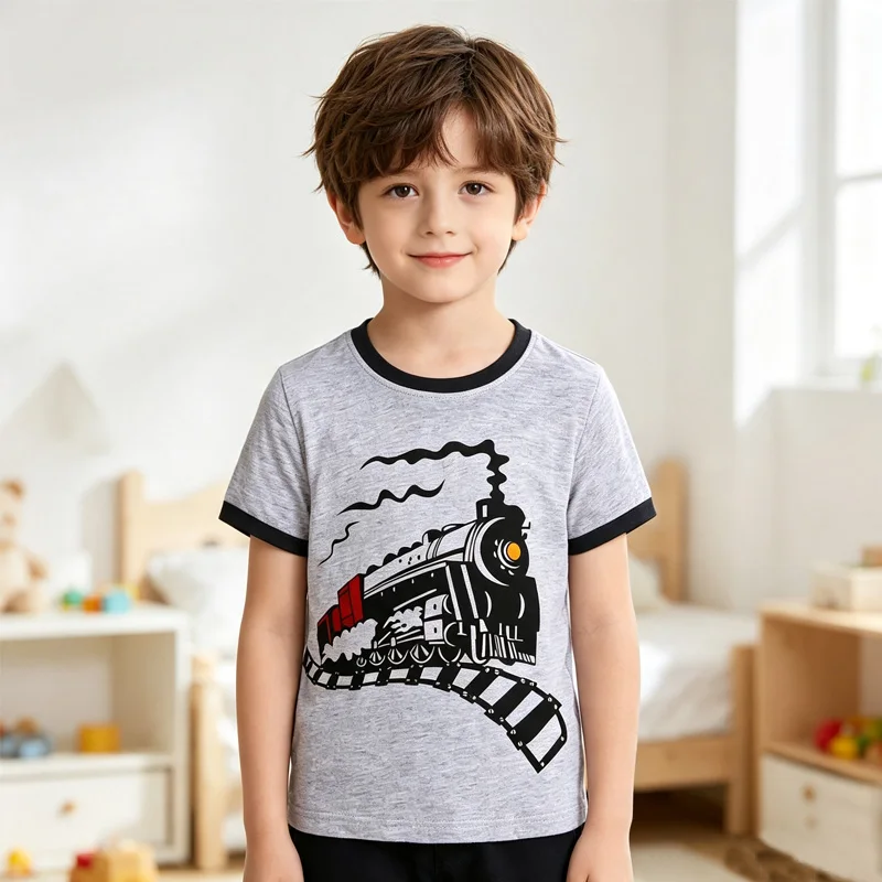 Little Hand Baby Boys Train Print Tops Cartoon Dinosaur Tees Kids Cotton Summer Short Sleeves T-Shirts for 2-7 Years Toddler
