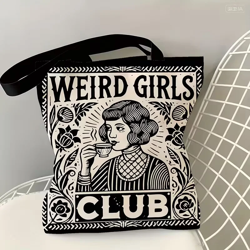 1pc Weird Girls Club Tote Bag - Vintage 1950s Retro Women'S Club Design with Floral & Geometric Patterns, Durable Polyester Groc image 3