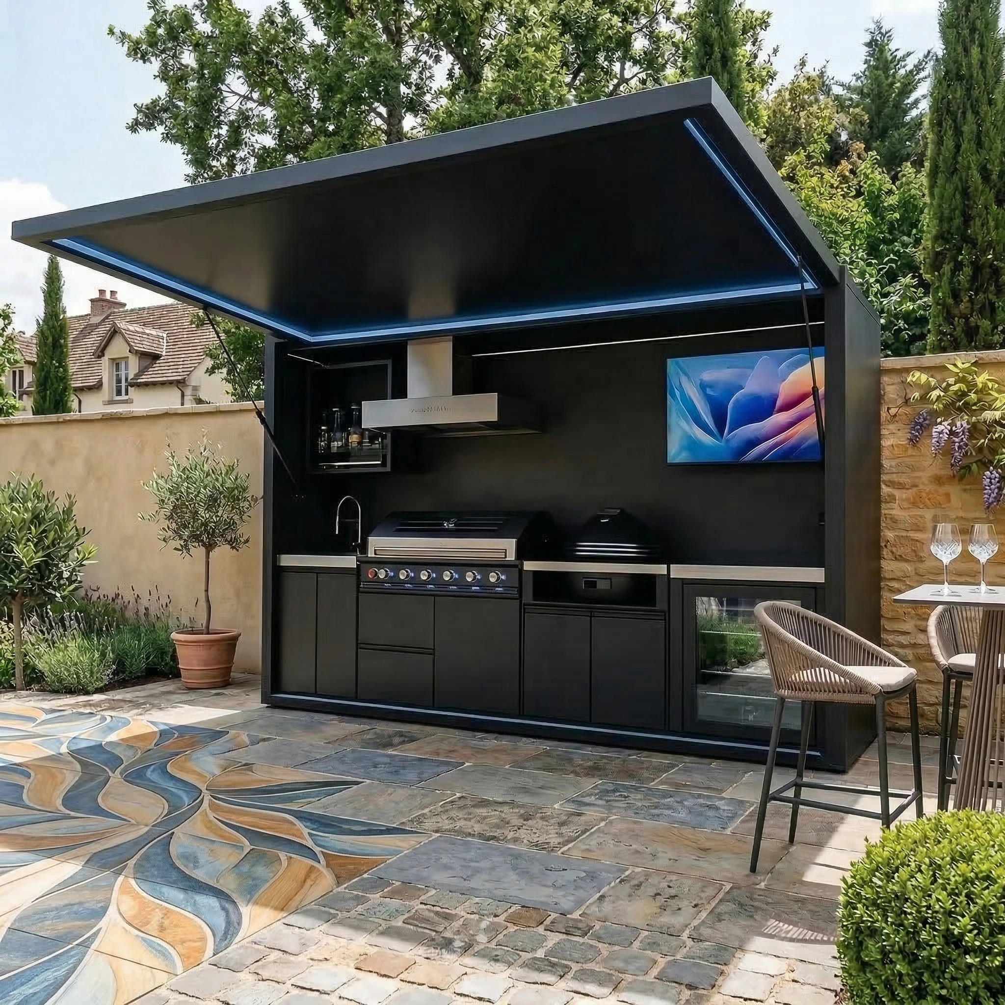 Custom outdoor kitchen with shed, zero formaldehyde, garden outdoor kitchen cottage, rust proof patio BBQ with sink