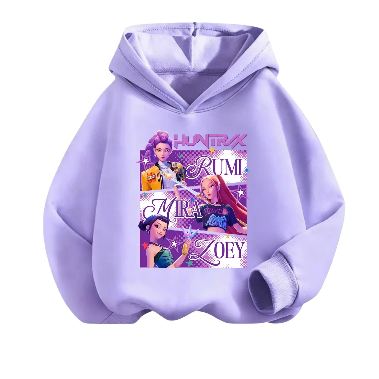 Kids Light Purple Hoodie Cartoon Girl Characters Poster Print Long Sleeve Hooded Pullover Autumn Casual Sweatshirt Tops