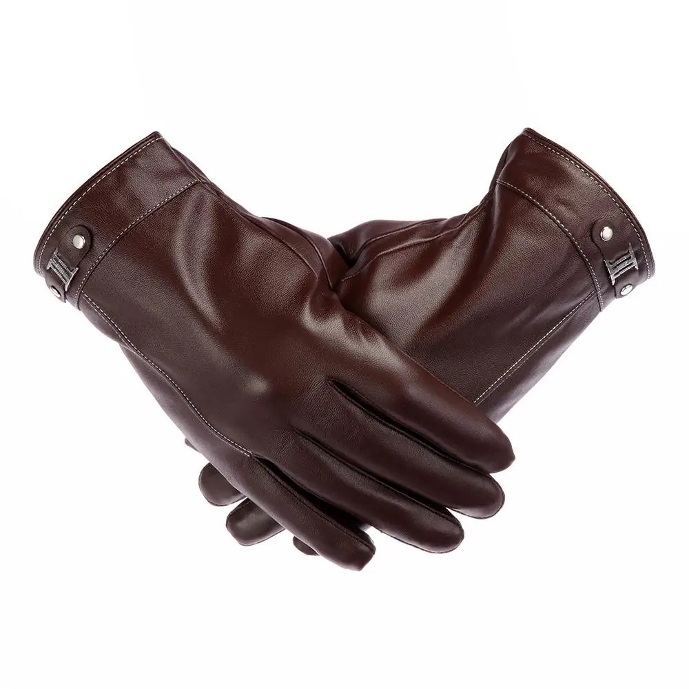 Men's Fleece Thermal Leather Gloves Winter Warm Touch Screen Windproof Waterproof Driving Gloves Full Finger Black Gloves