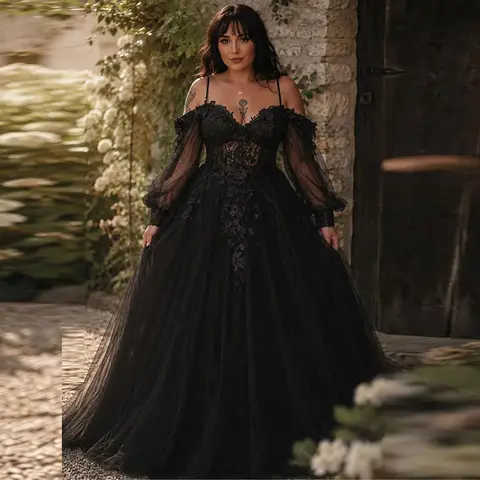 Eightale Arabic Wedding Dress Customized Bridal Gown Black Long Sleeves Applique Lace Bride Party Dress Vestido De Novia