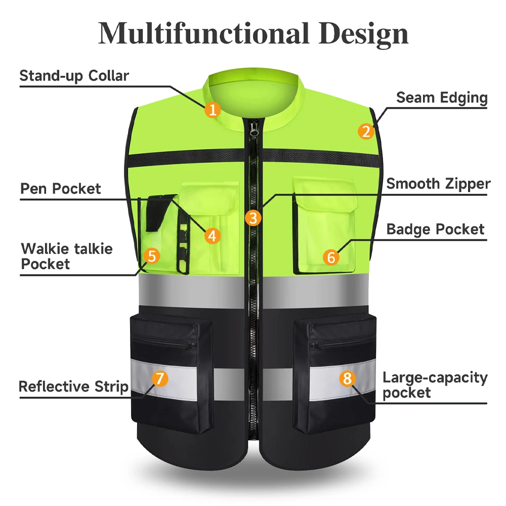 Custom LOGO Two Tone Safety Vests with Pockets and Zipper High Visibility Construction Working Vest Hi Vis Workwear