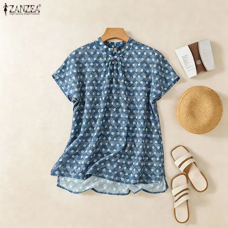 

2026 Summer Blouse ZANZEA Stylish Women Short Sleeve Printed Holiday Tops Stand Neck Blusas Casual Work Shirt Female Mujer Tunic