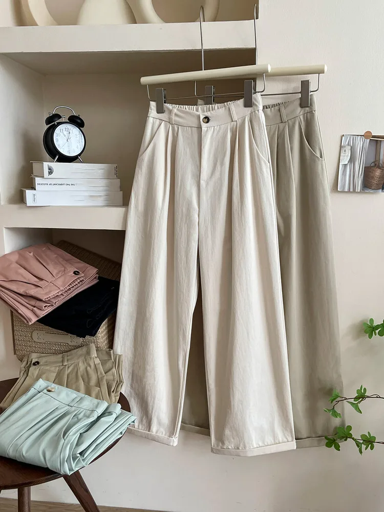 

Korean style Pants Women Japanese Crimping Buttons Casual Chic Pants Spring Summer NEW High Waist Fashion Wide Leg Pants