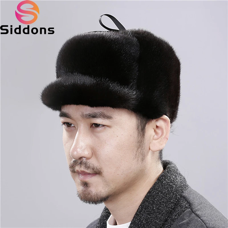 

2024 Hot Sale Winter Man Top Real Mink Fur Bomber Hat Male Genuine Marten Head Warm Black/Brown Caps Best Gift For Dad Gorras