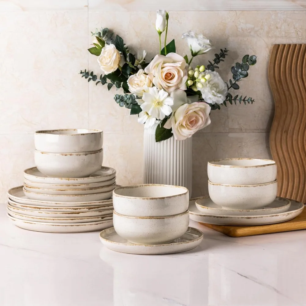 طقم أواني طعام حجرية متينة مع حواف مموجة - مقاومة للخدش، آمنة للاستخدام في غسالة الأطباق والميكروويف