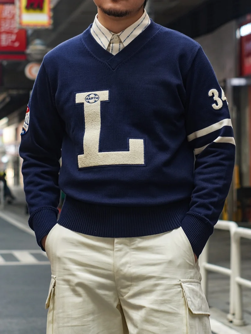 Tianshi Fine Cut Ivy American Vintage IVY Maglieria Scollo a V Autunno e Inverno Maglione Lettera Ricamo Pullover caldo