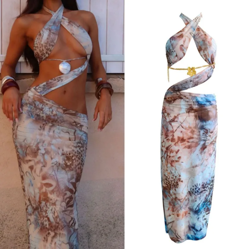 

Неглубокий кофейный комплект с леопардовым принтом, новый сексуальный комплект с открытыми бедрами, длинная пляжная юбка, сексуальный цельный купальник, новинка 2023 года