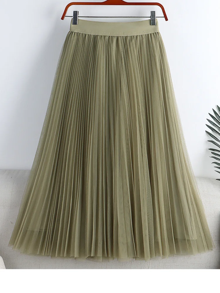 

Women Solid Color Mesh Folds Long Skirt High Elastic Waist Slim Fit A-line 2022 Summer Female Fashion Clothing B835