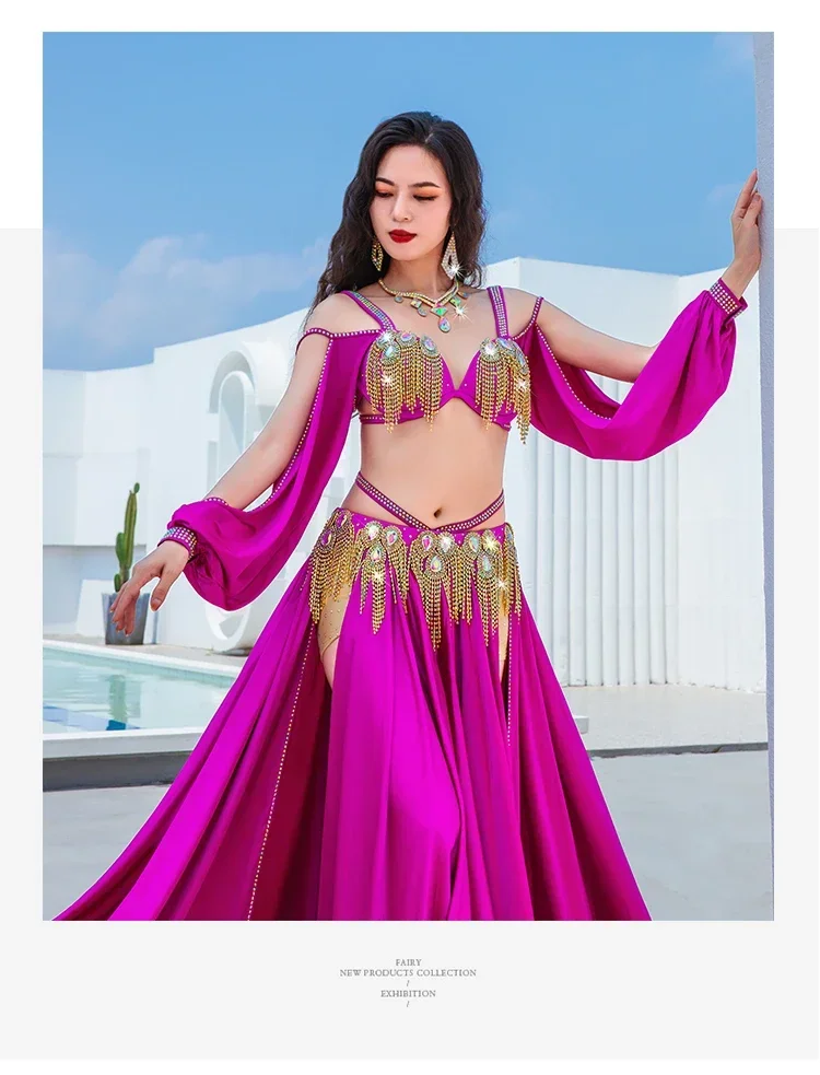 Candy Color Women Egyptian Dance Competition Belly Dance Satin Costume Oriental Dance Rhinestone Beaded Bra Belt Maxi Skirt