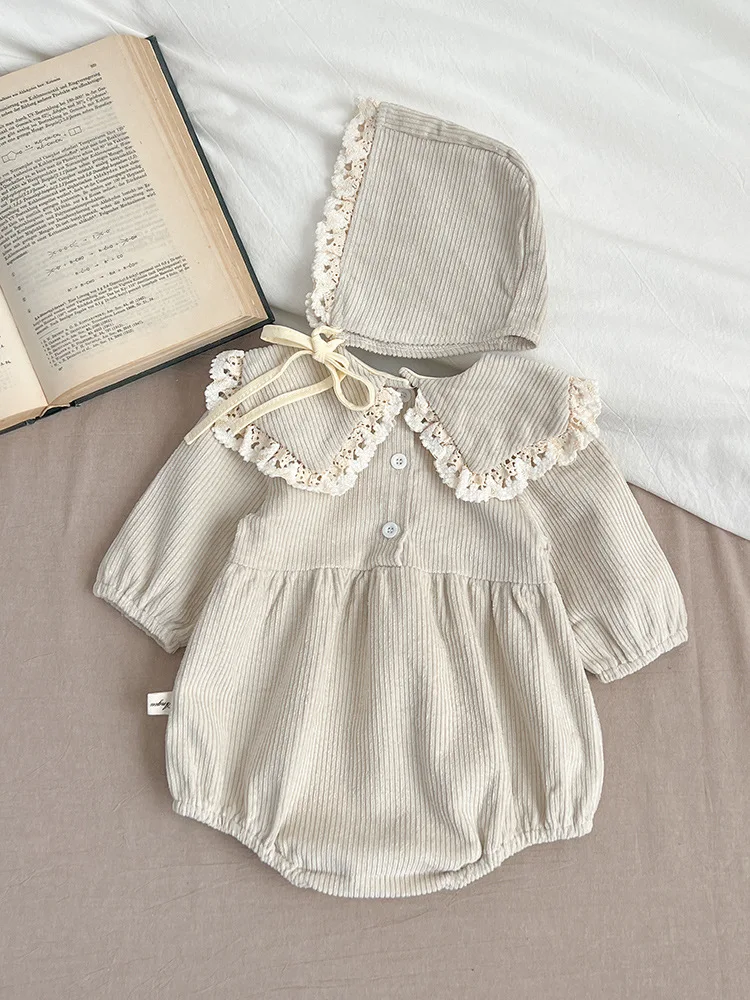 2024 Spring Boy Infant Navy Collar Corduroy Long Sleeves Bodysuit Solid Fashion Girl Baby Cotton Onesie Newborn Casual Clothes