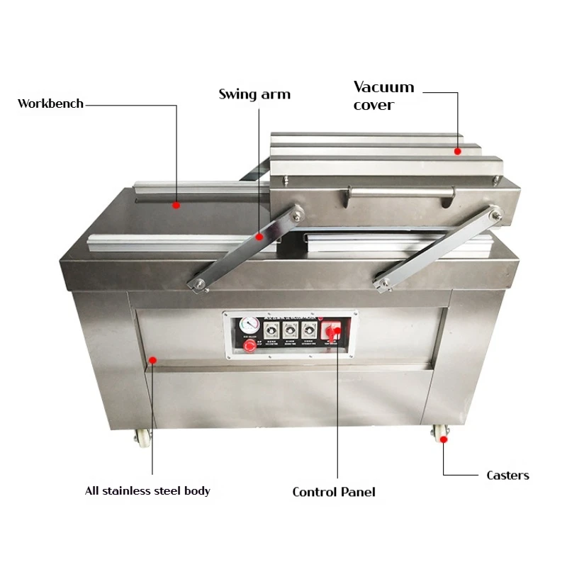 เครื่องซีลสูญญากาศ เครื่องบรรจุอาหารสูญญากาศแบบ Double Chamber เครื่องซีลเชิงพาณิชย์ขนาดใหญ่ เครื่องดูดฝุ่นอัตโนมัติเต็มรูปแบบ