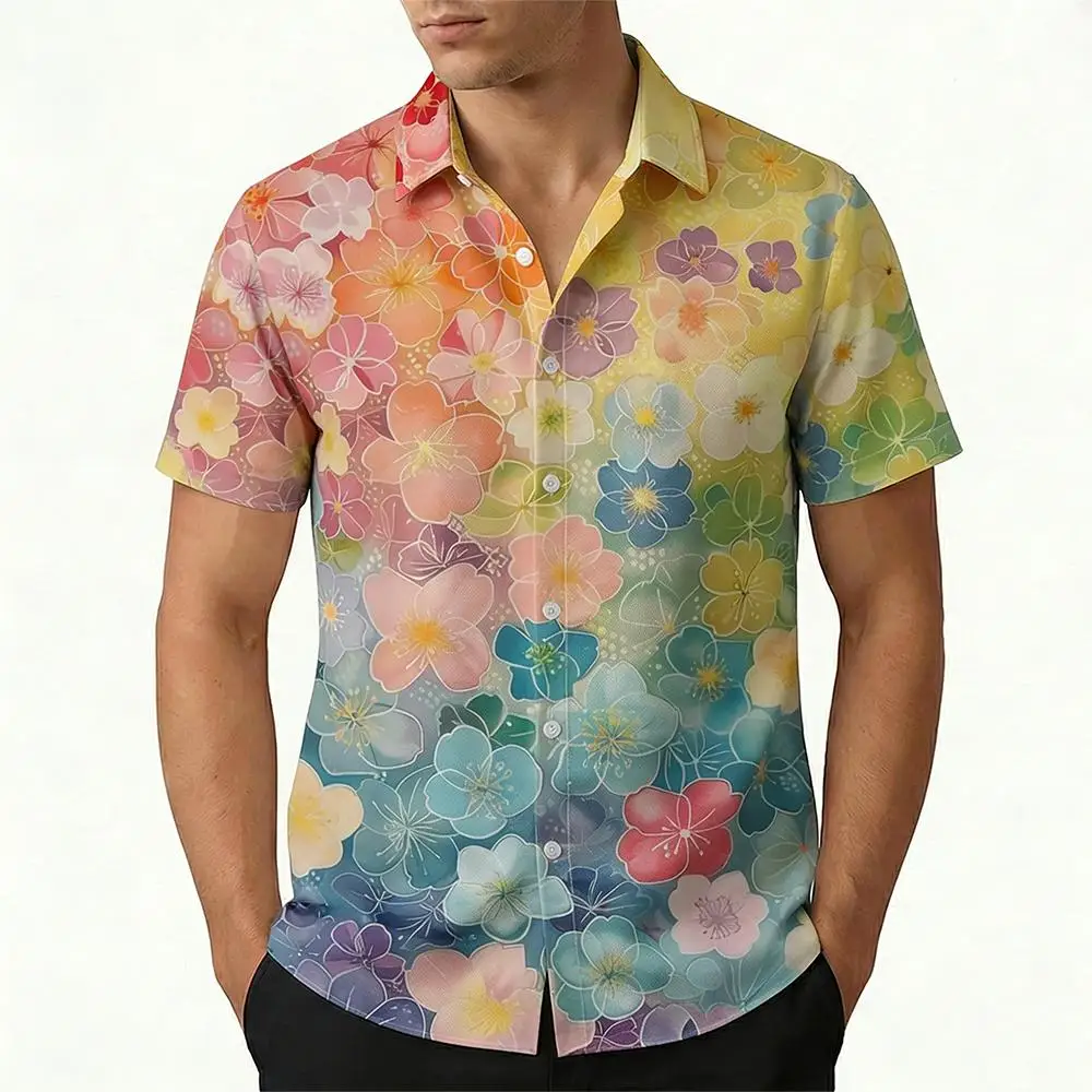 

Gradient Colorful Floral Shirt Summer Beach Vacation Style Hawaiian Shirt Lightweight Cool Breathable Casual Short Sleeve Tops