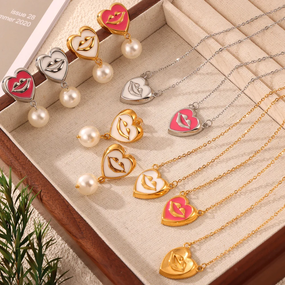 Trendy Heart Pendant Necklaces Imitation Pearl Drop Earrings For Women Stainless Steel Women Wedding Enamel Jewelry Sets Gifts