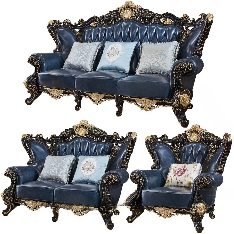 

Sofa combination living room leather solid wood double-sided carved European