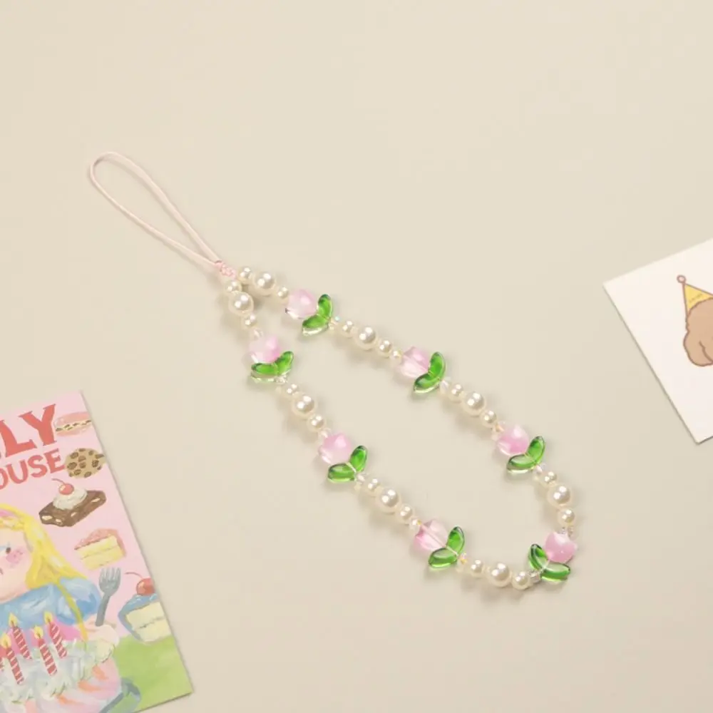 Pearl Bead Tulip Bead Phone Charm Strap Tulip Glass Tulip Mobile Phone Chain Flower Y2K Flowers Beaded Cellphone Strap