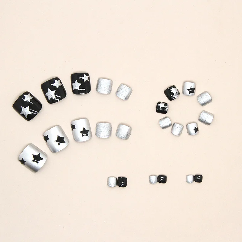 

24Pcs Medium Square Toe Press on Nails - Edgy French Tip with Glitter Star Accents | Multi-Size Fit with Application Tool