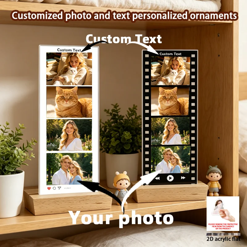 Personalized Film Strip Photo Acrylic Stand With Wood Base, Custom 4 Pictures & Text Desk Ornament, Unique Memory Keepsake Gift - view 2