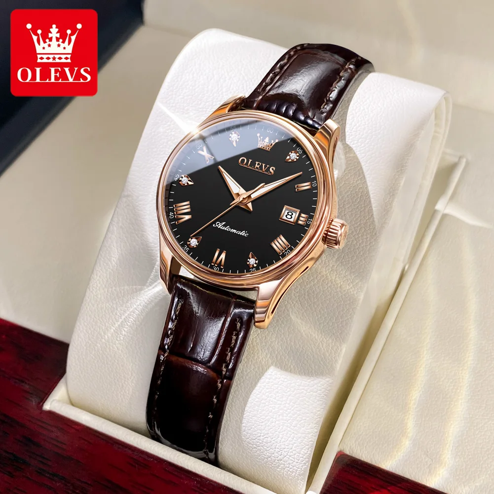 OLEVS Brand New Fashion Mechanical Watch for Women Luxury Genuine Leather Waterproof Date Wristwatch Ladies Relogio Feminino