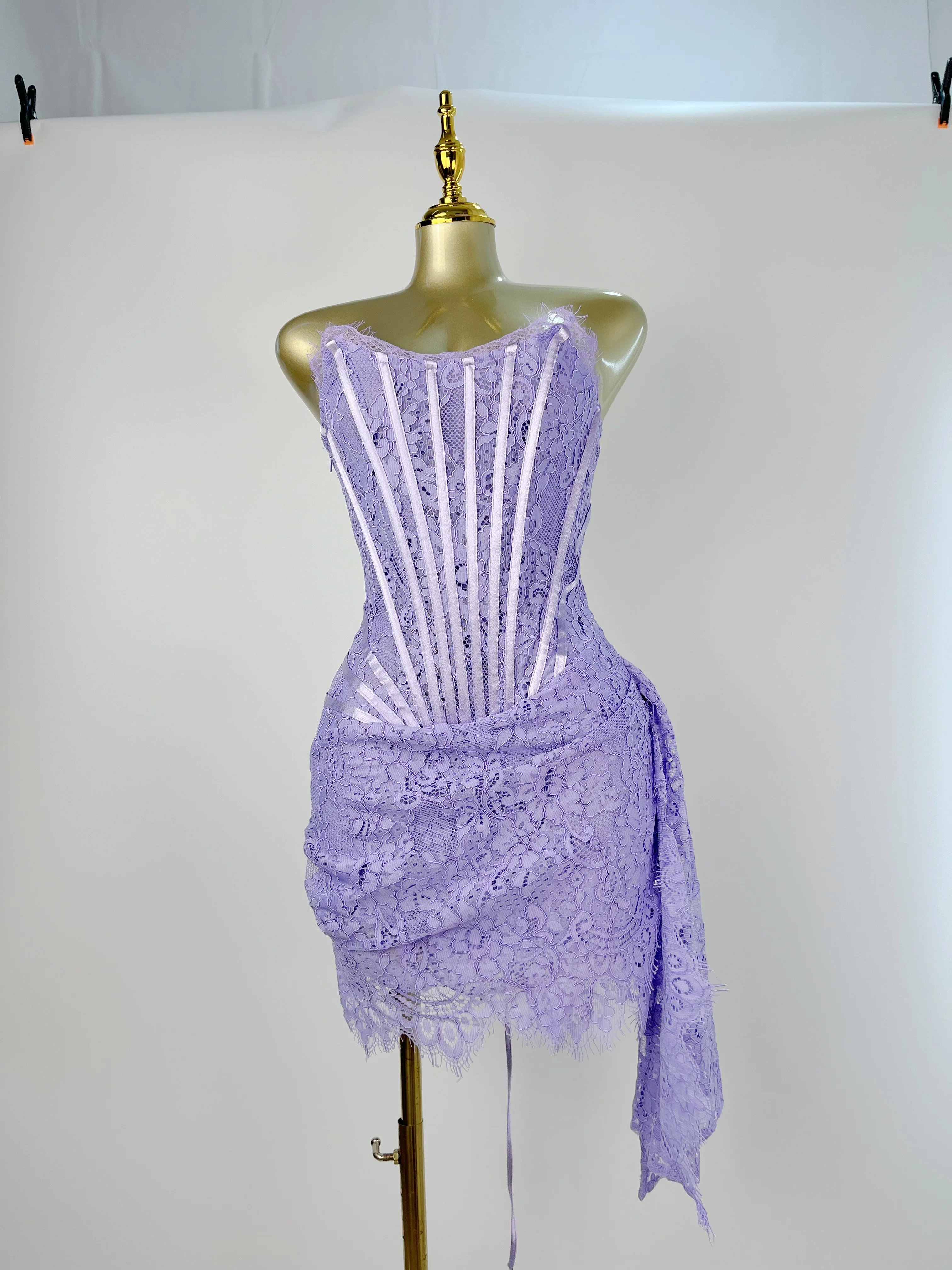 

Solid Color Sexy Lace See-through High Waist Sheer Patchwork Dress Sleeveless Lace-up Draped Slim Fit Evening Gown