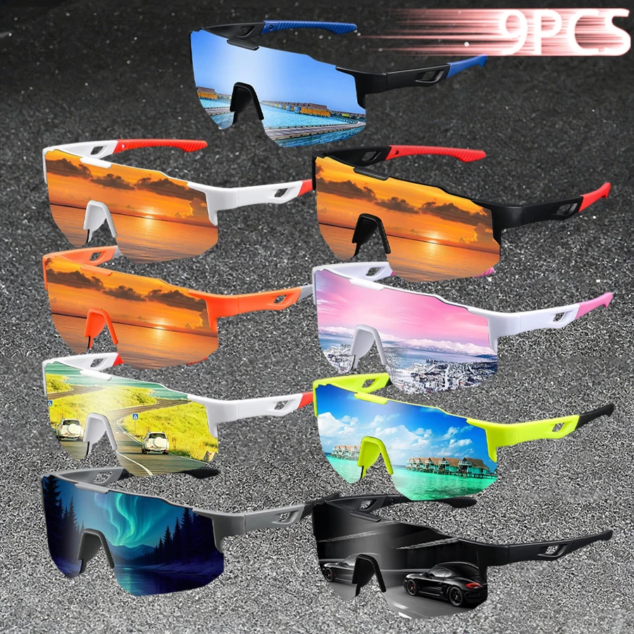 9PCS Unisex Sports Eyewear for Running Skiing Biking Climbing New Model Colorful Oversized Fashion Sunglasses One‑Piece Lens