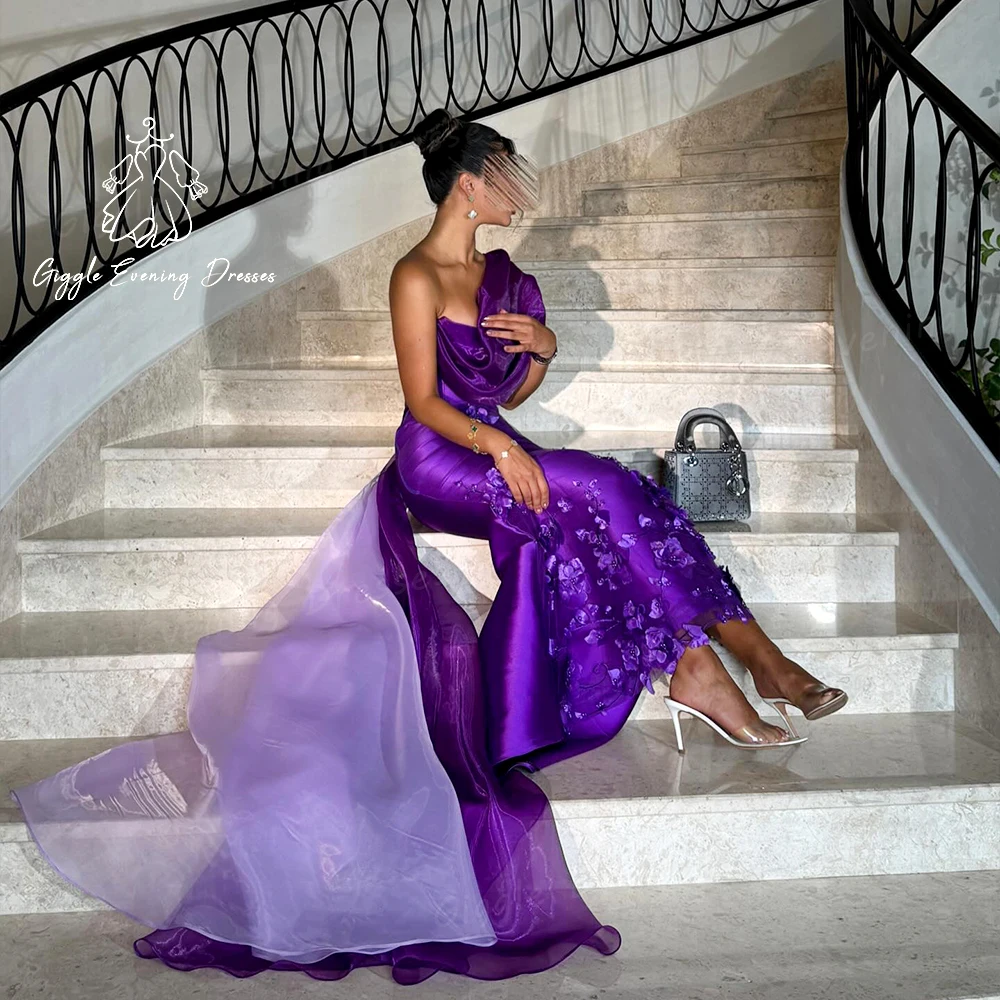 Giggle One-Shoulder Luxury Appliques Satin elegant prom dress fairy Mermaid Floor Length Saudi Royal Purple dresses for women