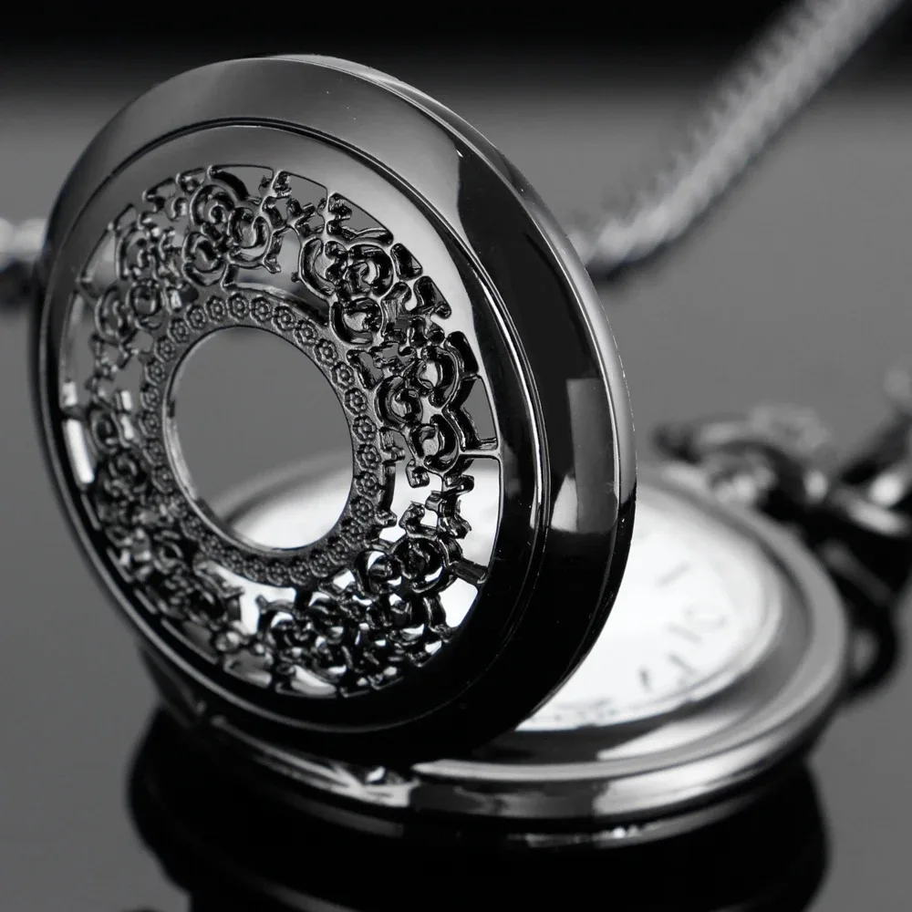 할로우 블랙 빈티지 석영 주머니 시계 레트로 디지털 펜던트 목걸이 체인 시계 쥬얼리 여성 남성을위한 선물