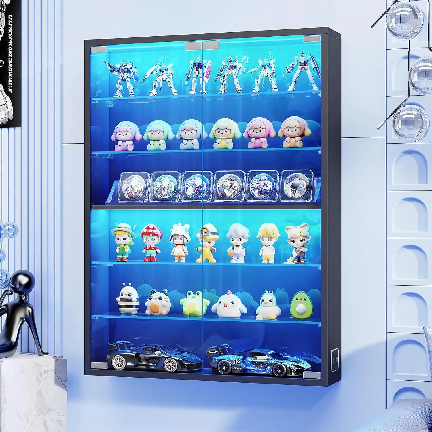 

6-Tier Wall Display Case with Glass Doors, LED Sports Card Display Case with Adjustable Glass Shelves, Shot Glass, Custom