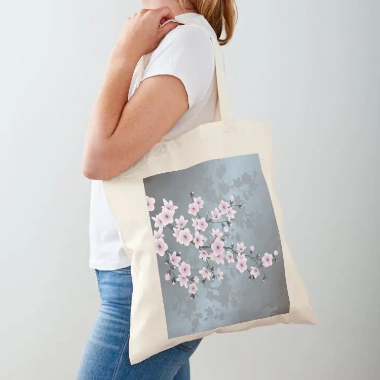 

Cherry Blossom Dusky Pink Grayish Blue Floral Tote Bag tote custom men Women's Handbags women