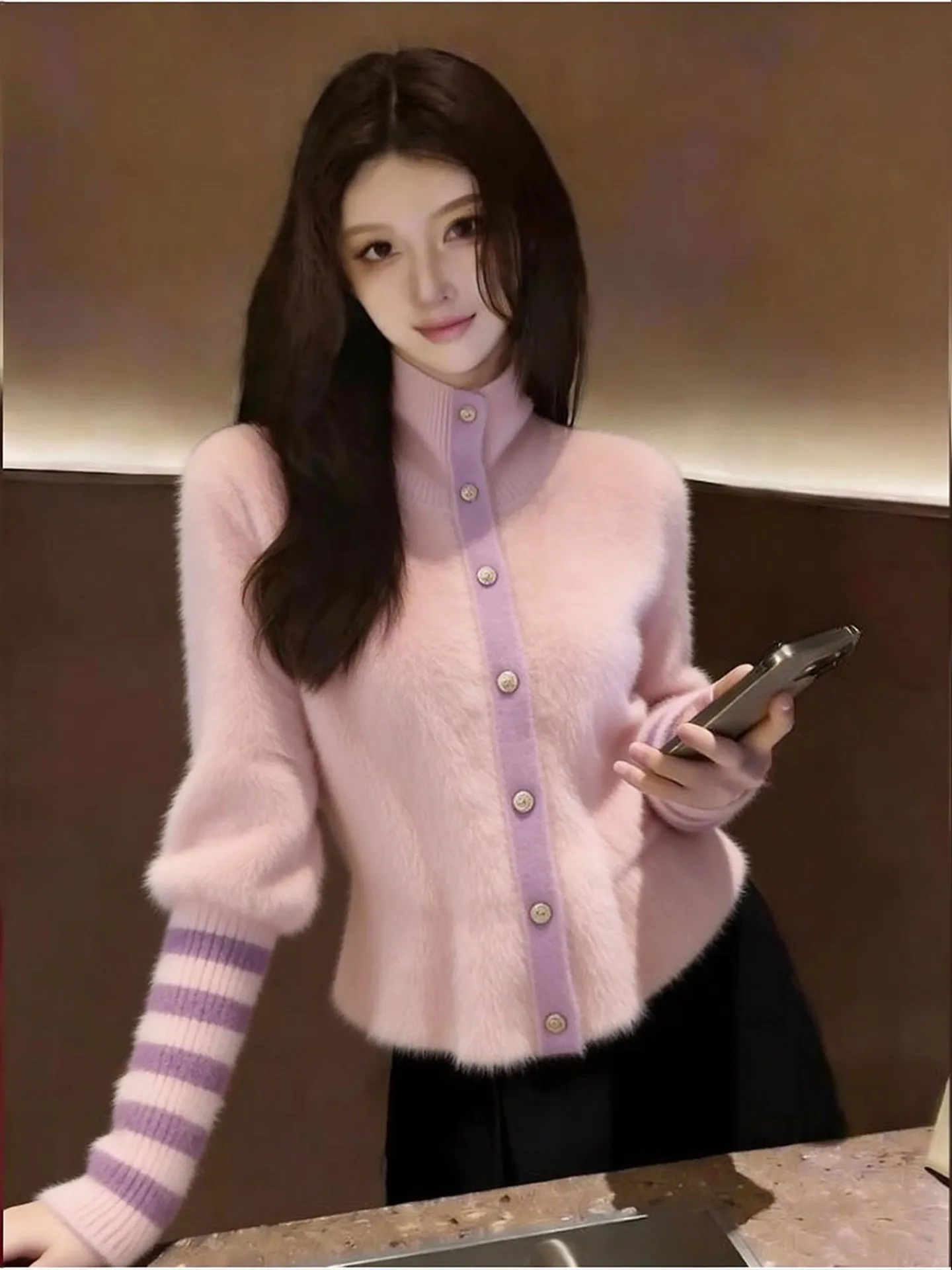 

Women's High Collar Woolen Knitted Cardigan Slim Fit Striped Base Layer Faionable Agel Versatile Spring Commute Sle