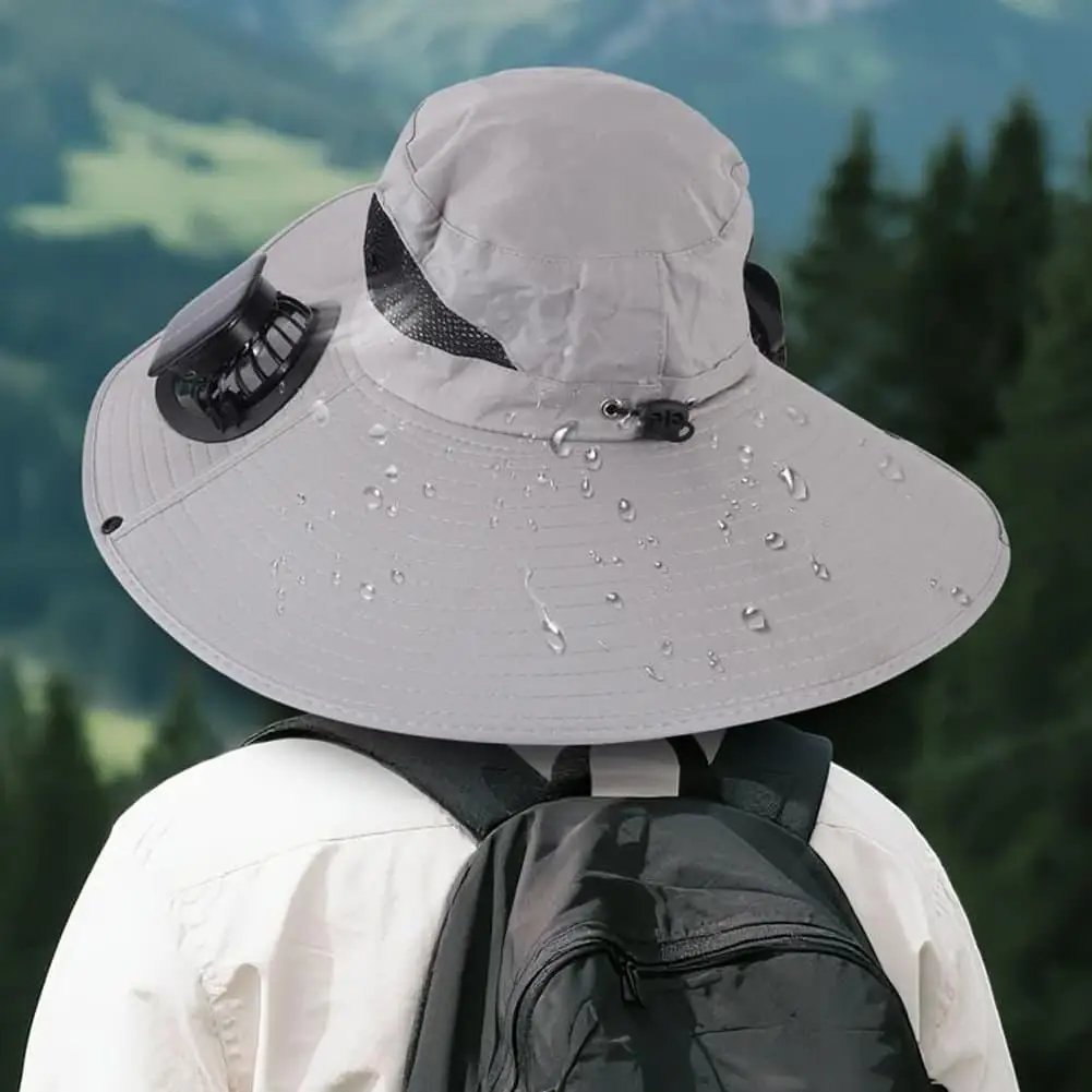 Outdoor Summer Wide Brim Sun Hat With 2 Fan Large Brim Windproof Strap Solar Or USB Charging Anti UV Sun Fishing Cap for Travel