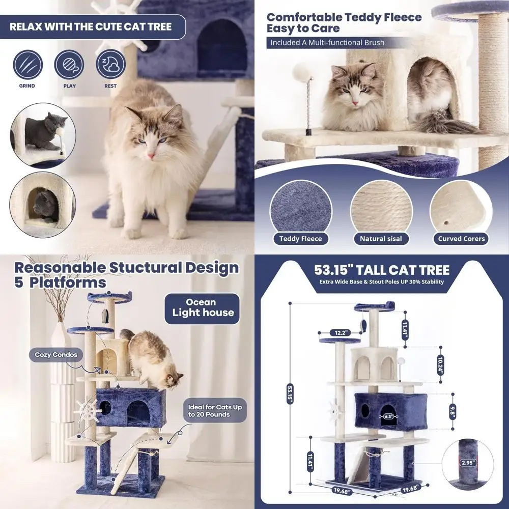 

Многоуровневая кошачья лежанка-башня на 53 места в морском стиле с домиком, когтеточками и игровой зоной