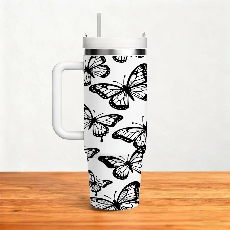 40oz Stainless Steel Insulated Tumbler with Intricate Black & White Stylized Butterfly Digital Print, Reusable Hot & Cold Beverage Cup for Daily Commute, Office Use and Outdoor Activities