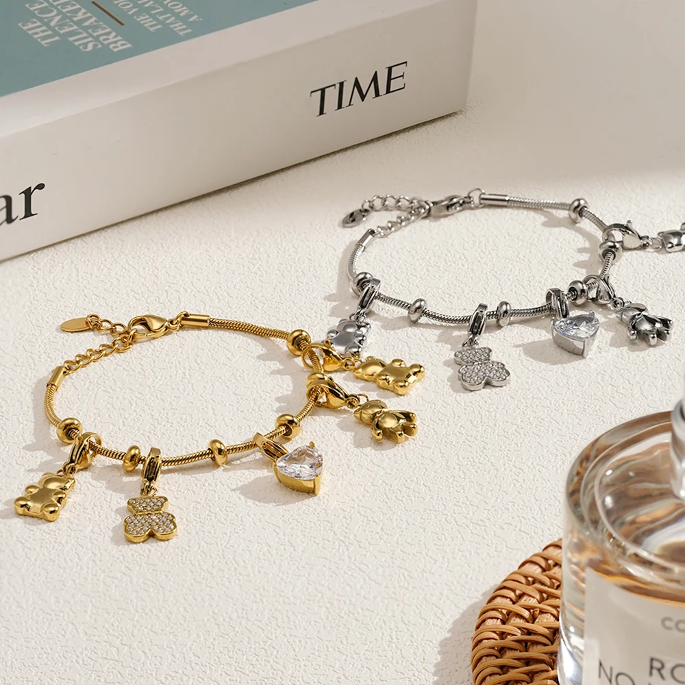 

ENFASHION Pulseras 2MM Snake Chain Bear Charm Zircon Bracelet For Women's Stainless steel 18K Gold Plated Cute Jewelry B252596