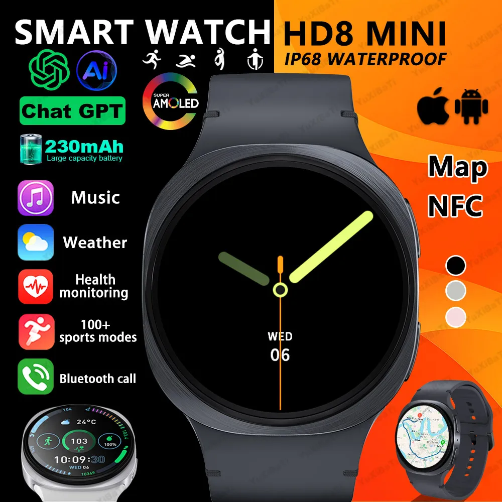 2025 New Watches 8 Mini GPS Track Smart Watch For Men Women Health Sport AMOLED Heart Rate Bluetooth Call Waterproof Smartwatch