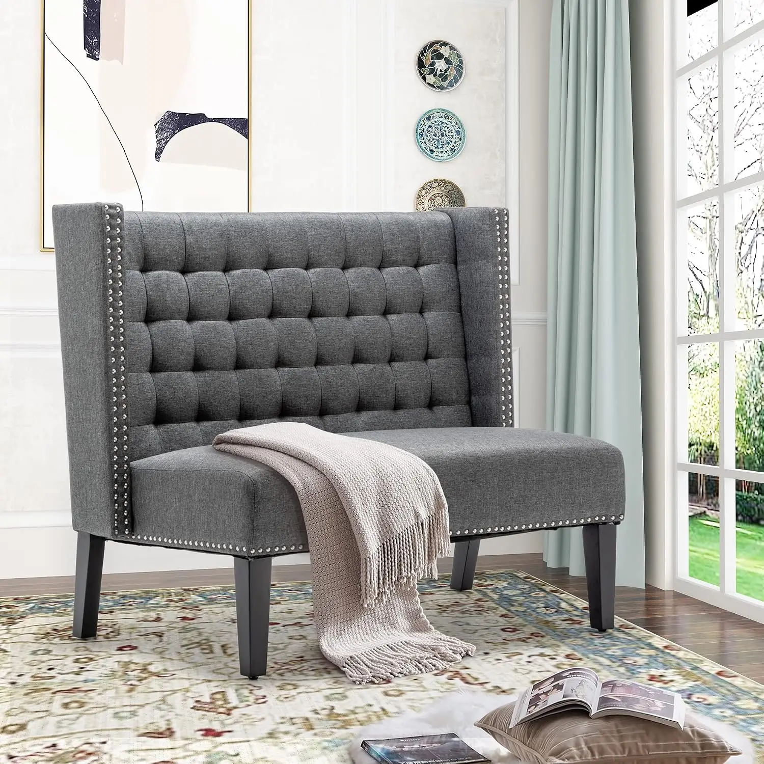 Modern Loveseat 2-Seat Tufted Settee with Nail Head Trim Back, Small Space Entryway Hallway Bench, Slate, Customized