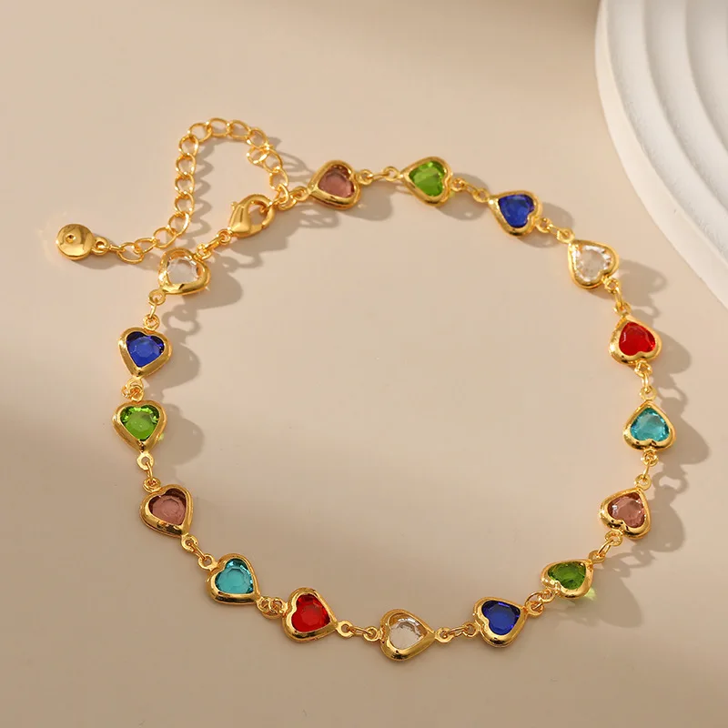 

Copper Plated 18K Gold European And American Beach Resort Style Colorful Heart-shaped Zirconia Accessories Anklet Women