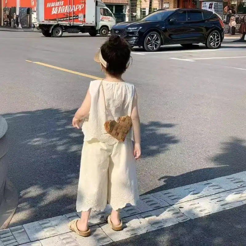 2-7Years Girls' Korean Version Set Summer New Item for Baby Girls Lace Sleeveless Vest+ Kids Casual Wide Leg Pants Two-piece Set