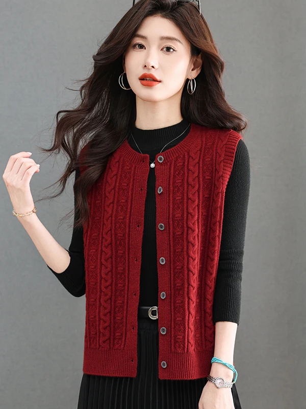 

Spring Autumn 2026 Women's round Ne Svel Vest Coat ort Woolen Knitted Cardigan Button up Mommy Sle Comfortable Fit