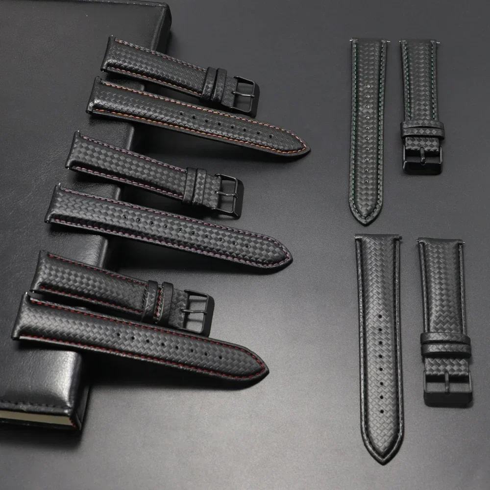 20mm 22mm Quick Release Black Carbon Fiber Leather Watch Strap Band For Galaxy Watch 7 6 5 4 40mm 44mm Gear S3 Replacement Band