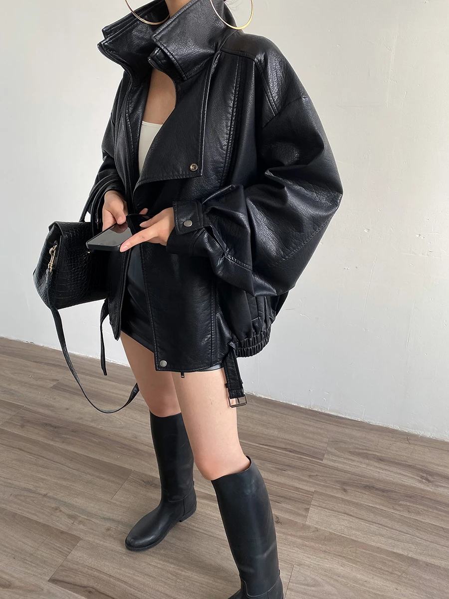 Acupstudio jiangyou superior americano retro gola dupla grande marca de couro jaet feminino solto outerwear outono high-end sentir