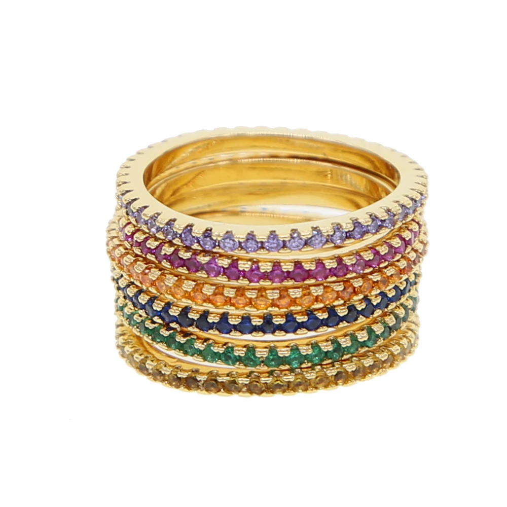 2018 new design yellow Gold color  thin line micro pave multicolored rings eternity stack silver color cz ring