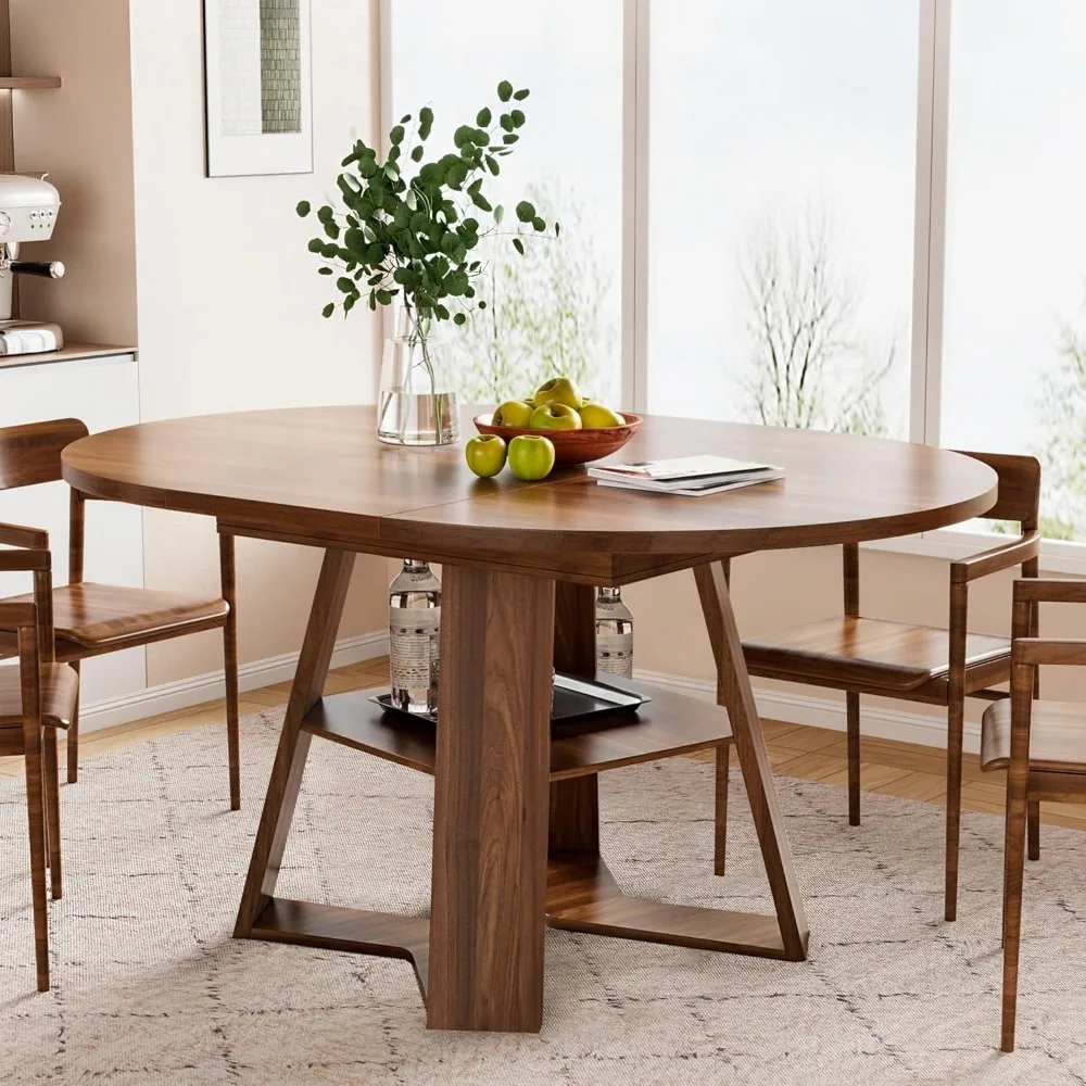 43.3in-59in Extendable Round Dining Table for 4-6,Modern Kitchen Oval Dining Table with Removable Leaves Space Saving,Wood Base