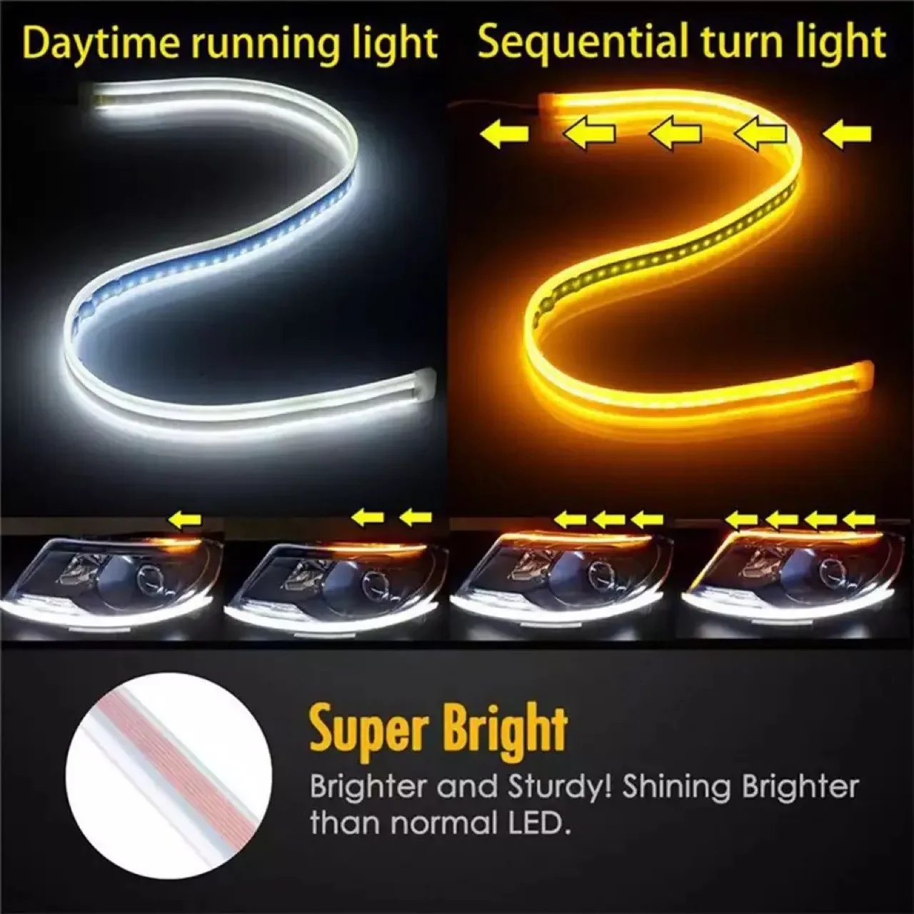 Lampu depan mobil, Daytime Running Light 12V LED DRL Strip fleksibel tahan air gaya mobil lampu aliran rem sein putih